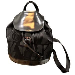 Salvatore Ferragamo Black Printed Nylon Glossy Leather Buckle Flap Backpack